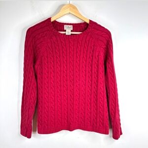 LL Bean Red Cable Knit Sweater L Crewneck Classic Preppy Fisherman Holiday Fall